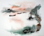 "Red Sky Trawlers Rhein River", in German: "Rhein Bei Bingen" by Klaus Meyer Gasters - vintage 1970's/1980's offset lithograph reproduction watercolour collectible fine art print (size approx. 15 x 18.5 inches/ ca 38 x 47 cm) - KerrisdaleGallery.com