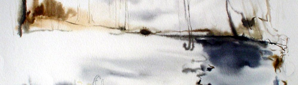 "White Winter Pond", in German: "Bach Im Winter" by Klaus Meyer Gasters - vintage 1970's/1980's offset lithograph reproduction watercolour collectible fine art print (size approx. 15 x 18.5 inches/ ca 38 x 47 cm) - KerrisdaleGallery.com