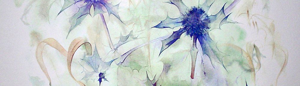 "Blue Star Thistles" by Klaus Meyer Gasters - vintage 1970's/1980's offset lithograph reproduction watercolour collectible fine art print (size approx. 15 x 18.5 inches/ ca 38 x 47 cm) - KerrisdaleGallery.com
