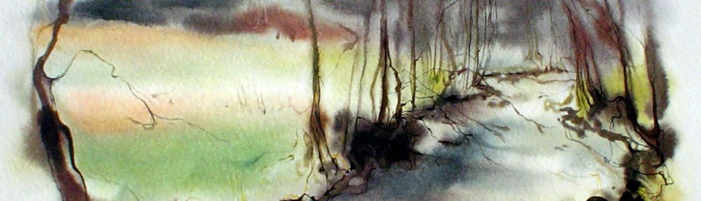 "Green Spring Pond", in German: "Bach Im Fruehling" by Klaus Meyer Gasters - vintage 1970's/1980's offset lithograph reproduction watercolour collectible fine art print (size approx. 15 x 18.5 inches/ ca 38 x 47 cm) - KerrisdaleGallery.com