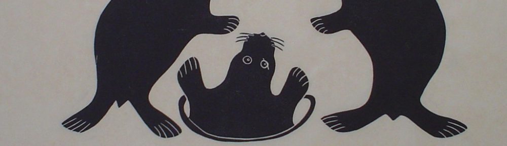 KerrisdaleGallery.com - Stock ID#kh717sh-sntd - Three Seals by Helen Kalvak, shown close up - Inuit graphic art, Holman Series 1973, limited edition number 17/44.