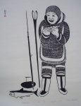 KerrisdaleGallery.com - Stock ID#pp042sv-sntd - Fisherman by Peter Pitseolak, close up view - Inuit graphic art, Cape Dorset, 1971, stonecut, limited edition number 42/50. In pencil under image: numbered, titled, dated, signed by artist